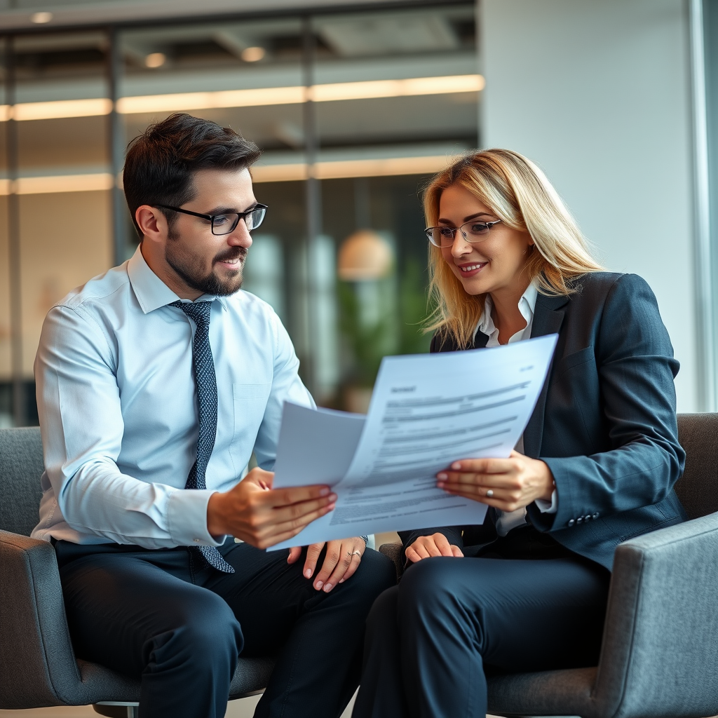 Consultant financier analysant des documents de prêt personnel avec un client dans un bureau moderne et professionnel