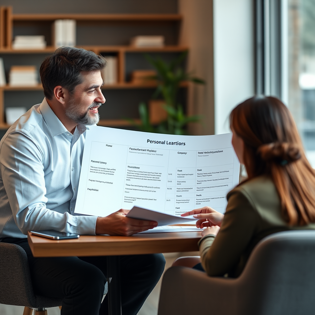 Consultation financière personnalisée avec conseiller expert analysant les options de prêt personnel pour un client