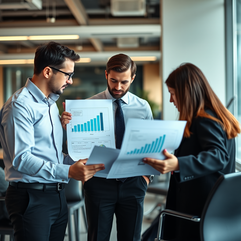 Équipe de consultants analysant des documents financiers et des graphiques de croissance dans un bureau moderne
