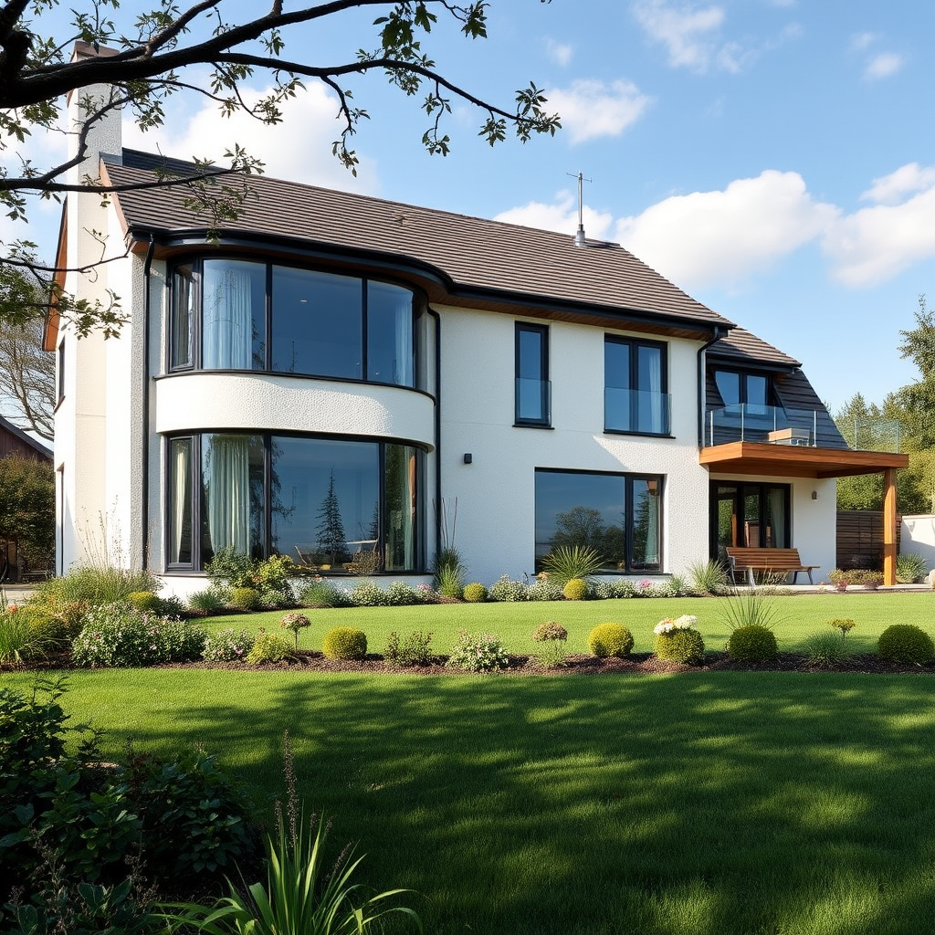 Maison moderne avec jardin paysager, architecture contemporaine avec grandes baies vitrées et terrasse