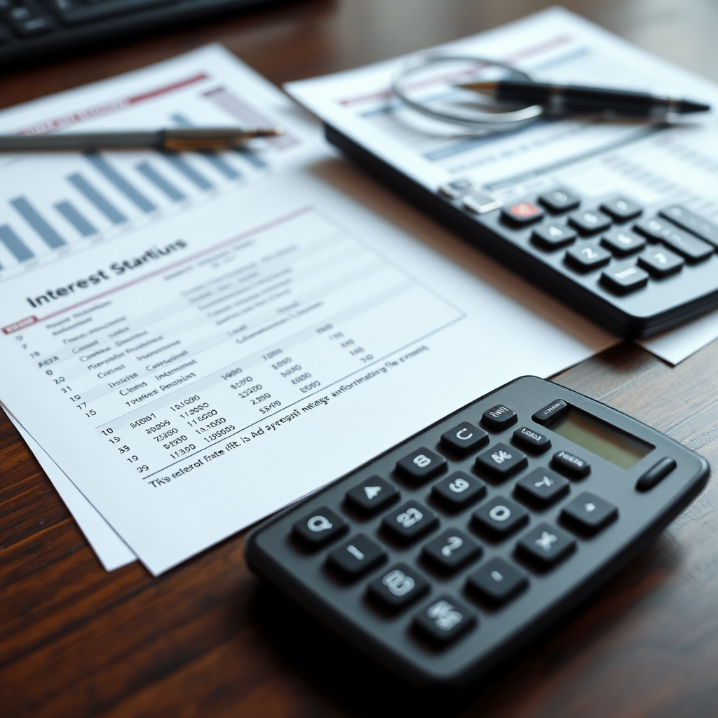 Calculatrice moderne avec documents financiers, graphiques de taux d'intérêt et tableaux d'amortissement sur un bureau professionnel