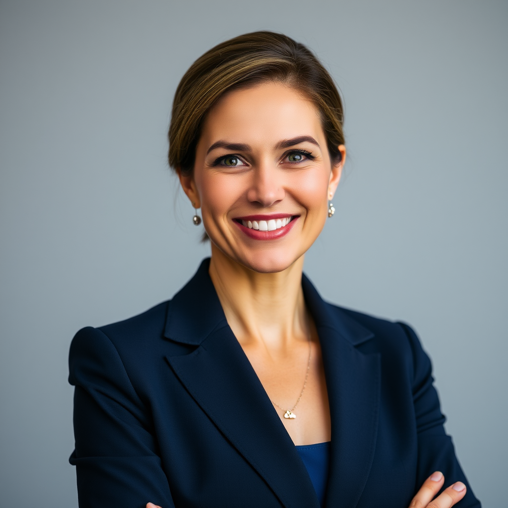 Sarah Dubois, Directrice Stratégique - Femme d'affaires professionnelle en tailleur marine, sourire confiant et regard déterminé, portrait corporate de haute qualité