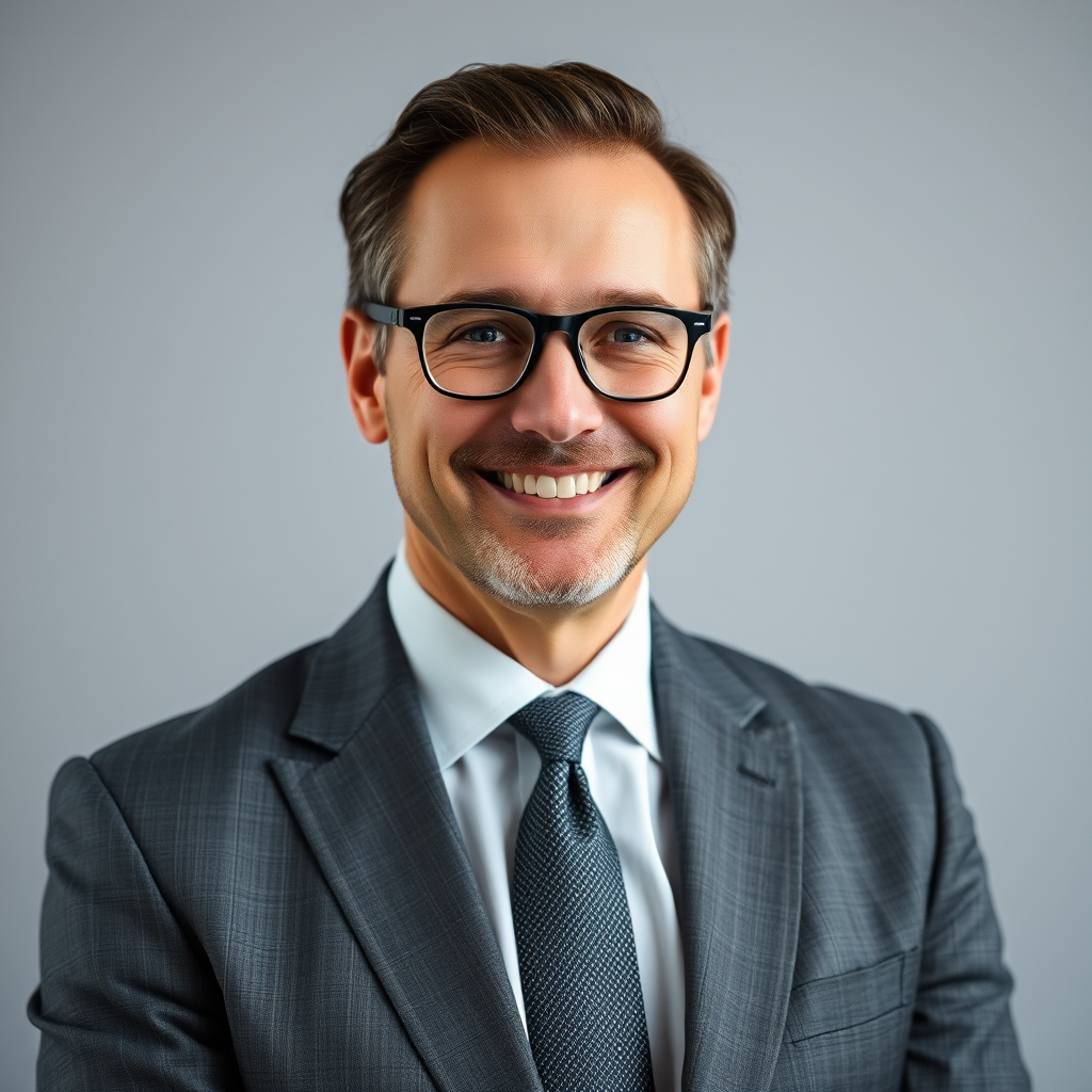 Marc Lefebvre, conseiller financier senior élégant en costume gris avec lunettes fines, expression bienveillante et professionnelle, portrait corporate de haute qualité