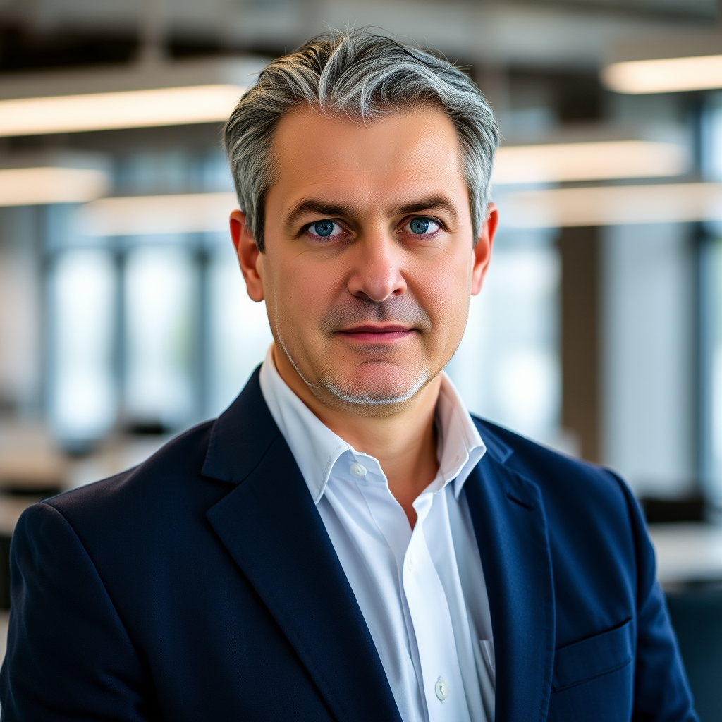 Antoine Rousseau, Directeur Opérationnel - homme distingué aux cheveux poivre et sel, portant une chemise blanche et une veste bleu marine, avec un regard perçant et une posture assurée, photographié dans un environnement professionnel moderne