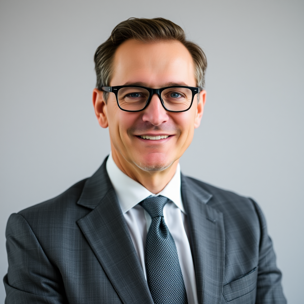 Photo professionnelle de Marc Lefebvre, homme élégant en costume gris avec lunettes fines et expression bienveillante, expert en conseil financier et gestion de portefeuilles