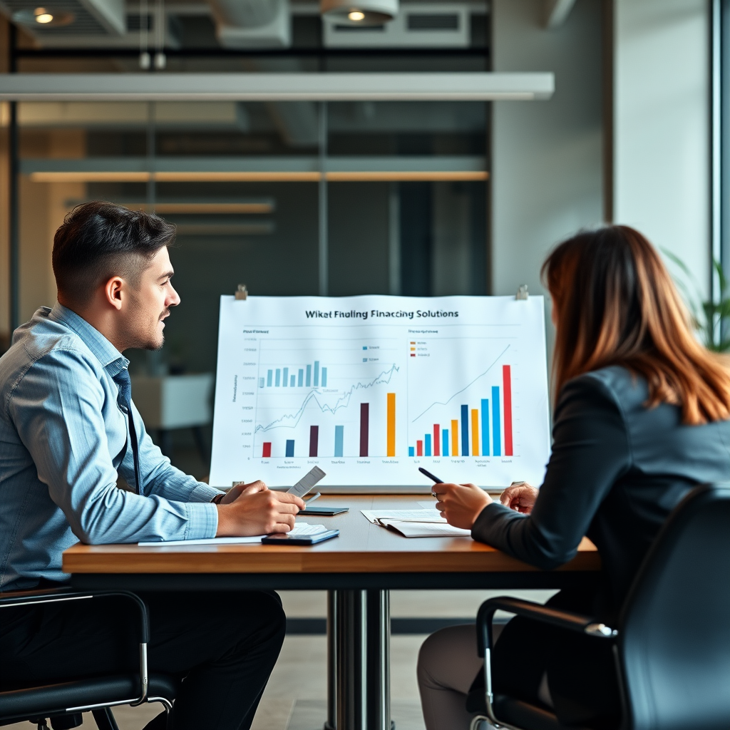 Équipe de dirigeants d'entreprise en réunion stratégique discutant de solutions de financement professionnel avec des graphiques de croissance