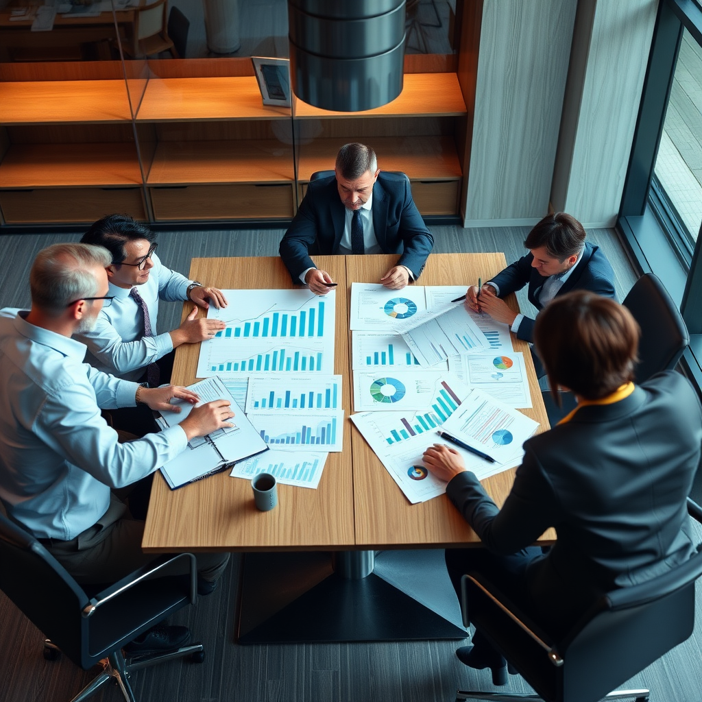 Équipe de dirigeants d'entreprise en réunion stratégique autour d'une table de conférence moderne, analysant des graphiques de croissance et des plans de financement