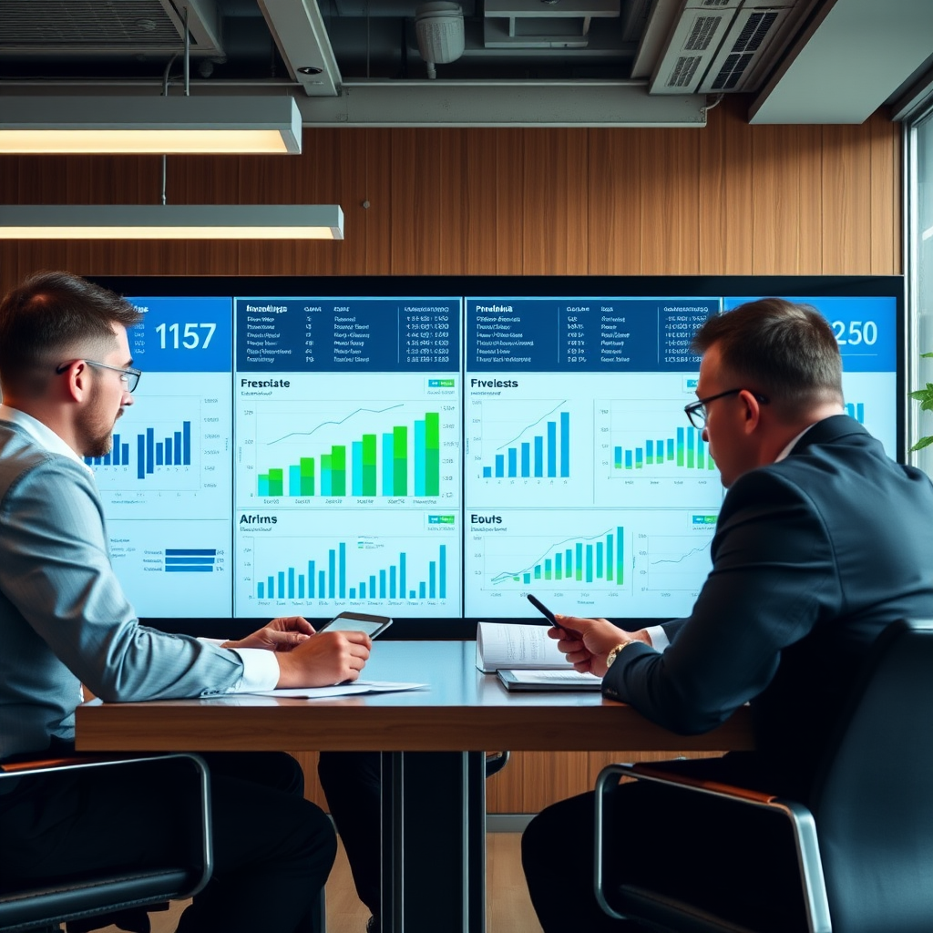 Réunion stratégique d'entreprise avec des dirigeants analysant des tableaux de bord financiers et des projections de croissance