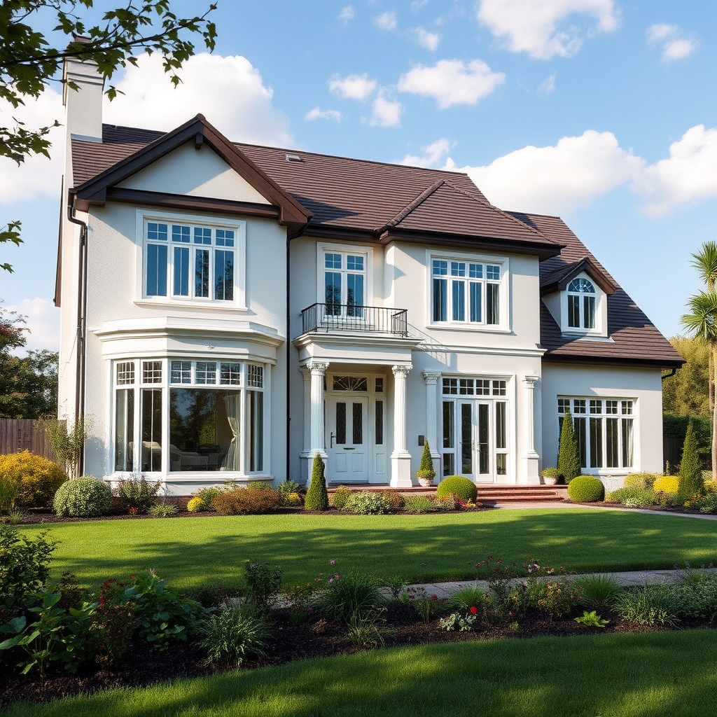 Belle maison moderne contemporaine avec jardin paysager, architecture élégante et grandes baies vitrées, représentant un projet immobilier de qualité